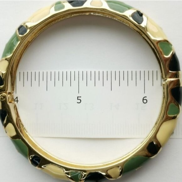 NEW Bamboo inspired green and cream enamel with crystals gold bangle bracelet - Picture 3 of 3